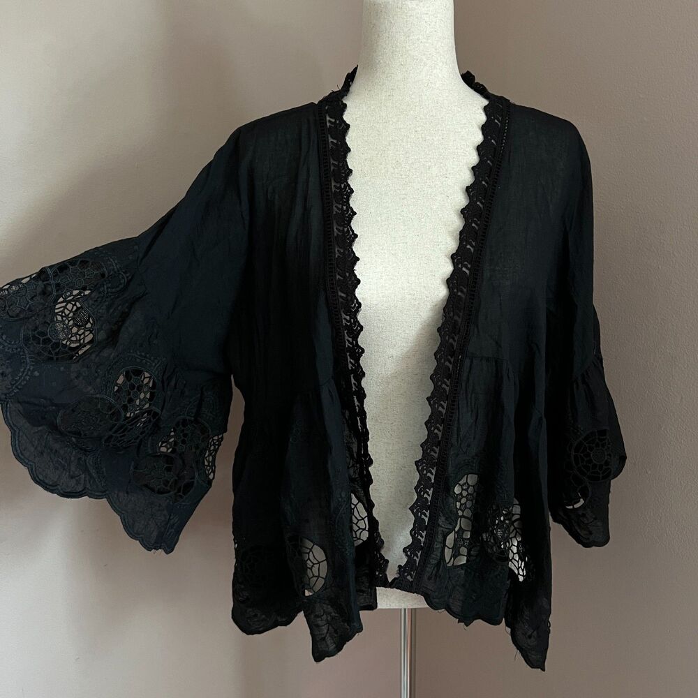 Whimsygoth Penelope Rose Black Boho Lace Trim Kimono Cardigan Cottage Size XS S